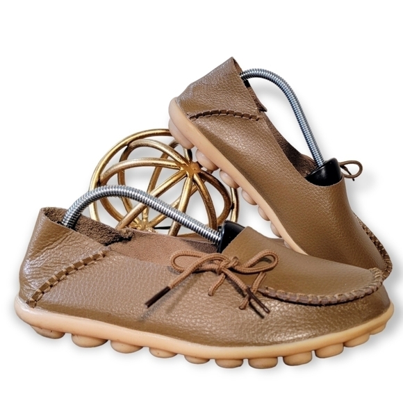 Socofy Soft Tan Leather Moccasins Rubber Bottoms Lace up Handmade Size 40 - Picture 14 of 14